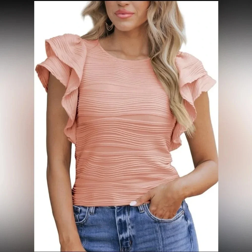 Womens Tops Casual Crewneck Ruffle Short Sleeve T Shirts Slim Fit Dressy…